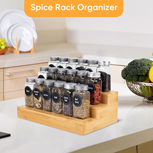 MillTu Bamboo Spice Rack Organizer for Cabinet 2 Pack - 3 Tier Countertop Step Shelf, Seasoning Storage Stand for Kitchen Pantry, Spice Holder for Jars Bottles Cans (Natural)