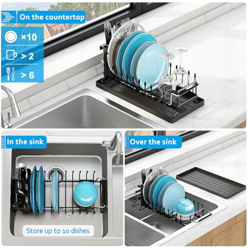 ANTOPY Sink Dish Drying Rack - Expandable Small Dish Rack Over Sinks with Silicone Drying Tray, Dish Drainer for Kitchen Counter with Cutlery Holder, Drying Rack Fit for 14’’-19’’ Kitchen Sink