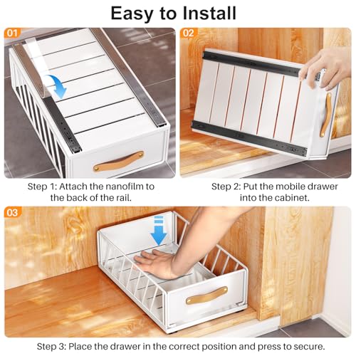 Pull out Cabinet Organizer,Heavy Duty Slide out Pantry Shelves Drawer Storage with Adhesive Nano Film,Sliding Mesh Cabinet Basket with Handle for Kitchen, Bathroom, Home, 11.8W" X 15.7"D X 6.2"H,White