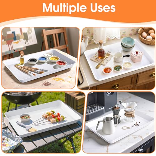 4-Pack Serving Tray, Serving Platter for Parties, Entertaining, Camping & Food Display, Reusable & Stackable Plastic Trays in Kitchen, Rectangular Food Platters for Cookie, Appetizer(White)