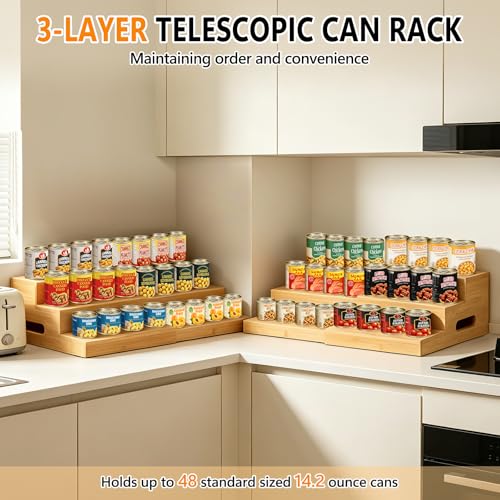 Aclema 2 Pack Bamboo Expandable Can Rack Organizer for Pantry, Stackable 3 Tier Canned Food Organizers and Storage, Kitchen Cabinet, Food Can Holders Dispensers for Pantry Up To 48 Cans