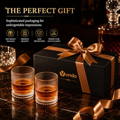 VUNDO Vintage Whiskey Glasses Set of 4, 12 oz Crystal, Luxury Gift Box