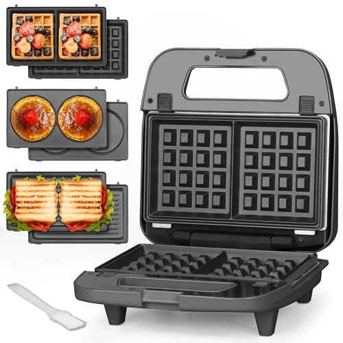 Baker’s Friend 3 in 1 Mini Waffle Maker with Removable Plates, Dual Waffle & Pancake and Grill
