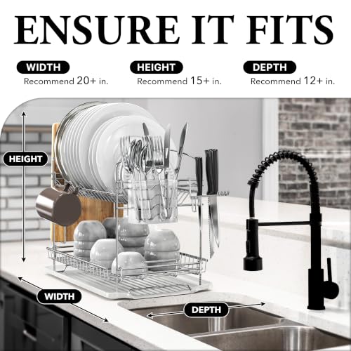 Simple Houseware 2-Tier Stainless Steel Dish Rack with Drainboard, Chrome for Kitchen