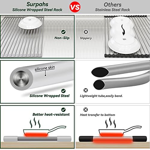 Surpahs 17.5 x 13.1 Inch Roll-Up Dish Drying Rack, Fits Across Sink Openings up to 16.5 Inches, Heavy-Duty Premium Silicone, Strong Support, Non-Slip, Heat-Resistant, Warm Gray
