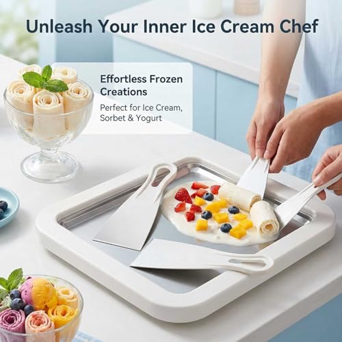 Rolled Ice Cream Maker Kit, DIY Ice Cream Roll Tray with 2 Scrapers, No Electricity Required, Stainless Steel Freezing Plate for Rolled Ice Cream, Frozen Yogurt, Sorbet (White)