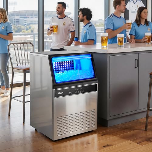 VEVOR Commercial Ice Maker Machine, 120 lbs/24H Ice Production, 33 lbs Storage Bin, 45 Cubes per Cycle, Stainless Steel Under Counter & Freestanding Ice Maker with LED Display, for Home Bar Restaurant
