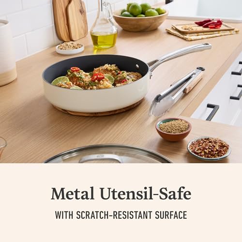 Calphalon Ceramic Nonstick 3 Quart Saute Pan with Lid, Easy Cleanup Ceramic Pan for Sauteing, Searing, PFAS-Free Cookware, Dishwasher Safe, Metal Utensil Safe, Flour