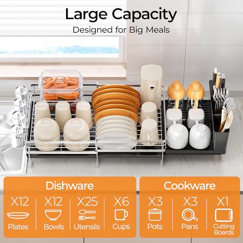 Delamu Stainless Steel Dish Drying Rack, Expandable Dish Drainer, Anti-Rust Large Dish Racks for Kitchen Counter, Dish Strainers with Drainboard, Utensil & Cup Holder, 13.4"-28.7" L x 11.8" W, Silver