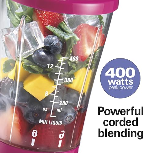 Hamilton Beach Portable Blender for Shakes and Smoothies, 14 Oz BPA Free Travel Cup & Lid, Durable Stainless Steel Blades, Personal Smoothie Blender, Raspberry, 51131G