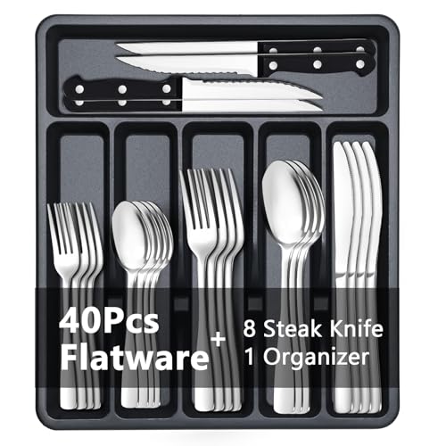 BEWOS 49-Piece Silverware Set with Organizer - Stainless Steel Silverware Set for 8 with Steak Knives and Drawer Organizer, Mirror Polished Flatware Set for Home and Restaurant, Dishwasher Safe