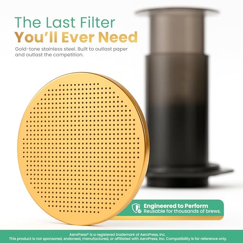 Gold Reusable Disc Filter Compatible with AeroPress STANDARD Coffee Makers – Fits Original, Clear, Premium, Go & Go Plus – Titanium-Coated Stainless Steel, Washable, Eco-Friendly - By Think Crucial