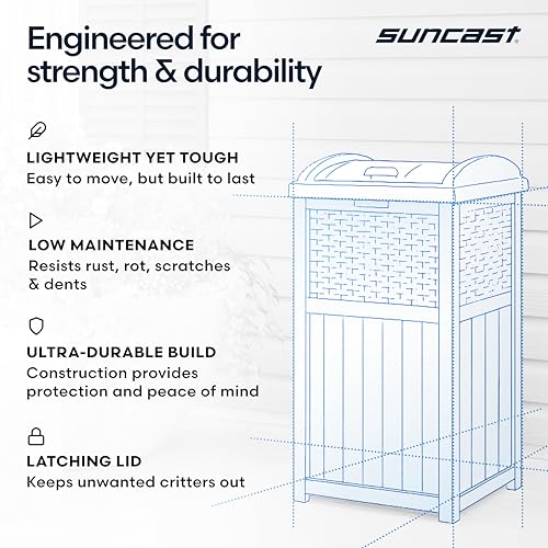 Suncast 33 Gallon Wicker-Style Hideaway Trash Can with Secure Latching Lid and Weather-Resistant Construction for Patio, Cyberspace Grey, Made in the USA