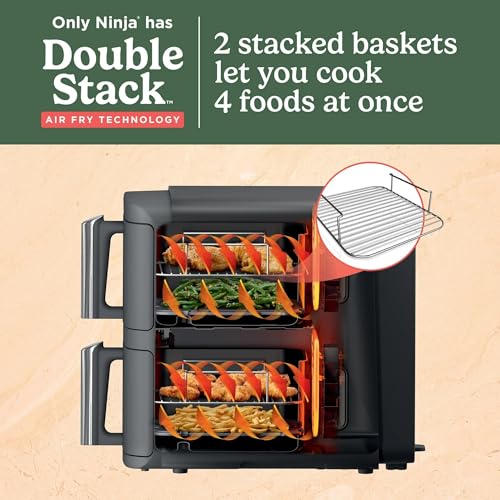 Ninja SL400 DoubleStack XL 2-Basket Air Fryer, 10 QT, Cooks 4 Foods at Once, Compact Design, 4-in-1, Smart Finish & Match Cook, Air Fry, Broil, Bake, Easy Meals, Easy Clean, Grey (Renewed)