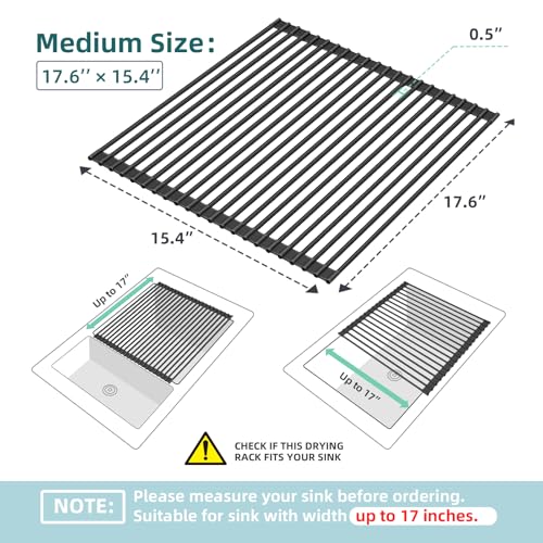 Ohuhu Over The Sink Dish Drainer Drying Rack, 17.6" W x 15.4" L Roll Up Dish Racks Kitchen Sink Organizer Silicone Wrapped Large in Sink Dish Drying Rack Foldable Rolling Drain Mats Anti-Slip