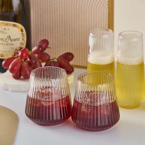 56 Pack Ribbed Origami Ripple Plastic Glasses, 32 Pcs 9 OZ Stemless Champagne Flutes & 24 Pcs 14 OZ Plastic Wine Glasses, BPA-Free Disposable Shatterproof Toasting Glasses for Weddings Parties