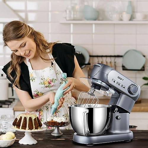 GEFT Stand Mixer, 6 QT 600W Tilt-Head Dough Mixer, 6+P speed Mixers Kitchen Electric Stand Mixer with Stainless Steel Bowl, Dishwasher-Safe Dough Hook, Flat Beater, Wire Whisk, Splash Guard, Grey