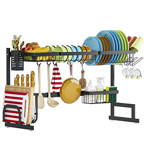 PUSDON Over the Sink Dish Drying Rack, 2 Tier Adjustable Large Capacity Stainless Steel Dish Rack for Kitchen Counter, Heavy Duty Space Saver Organizer with Utensil Holder, Black