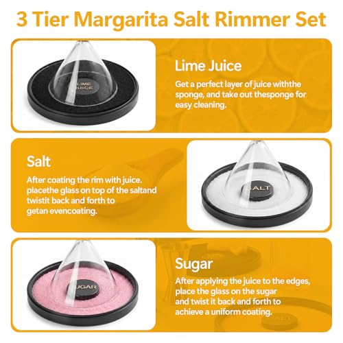 Mingting 3 Tier Margarita Salt Rimmer Set with Lid, Stackable 3-Tier Glass Rimmer for Cocktail, Salt & Sugar Rimmer for Margaritas, Bloody Marys & Micheladas, Home Bar Accessories