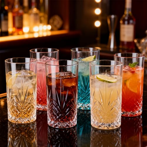 Vitrignis Tall Highball Glasses Set Of 6-14 Ounce Elegant Tom Collins Glasses - Textured Designer Glassware Set For Whiskey,Drinks, Water, Beer, Soda