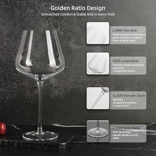 LASTURYCX Wine Glasses Set of 4, 18OZ Large Crystal Red Wine Glasses, Hand Blown Vintage Wine Glasses with Thin Rim, Large Bowl, Long Stem, Gifts for Wedding, Housewarming, Birthday