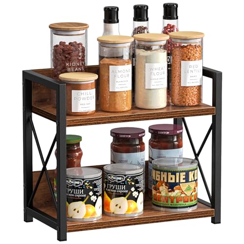 Giikin Countertop Shelf Organizer, 2 Tier Kitchen Spice Rack for Countertop, Wood Coffee Counter Shelf Organizer for Home (Brown, S)
