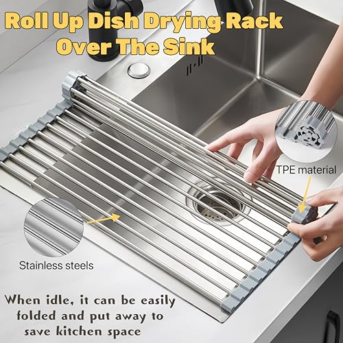Sayehuanye Roll Up Dish Drying Rack 17.7" x 11.8" Over The Sink Dish Drying Rack, Kitchen Dish Rack Stainless Steel Dish Drying Rack for Kitchen Sink Counter Storage (Grey)