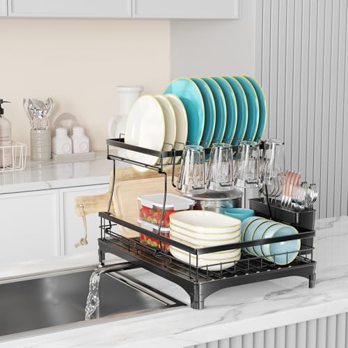Simple Trending Dish Rack, Stainless Steel Dish Drying Rack for Kitchen Counter, Large Capacity 2-Tier Dish Drainer Organizer with Utensil Holder, Black