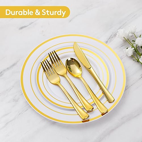 Goodluck 600 Pieces Gold Disposable Plates for 100 Guests, Plastic Plates for Party, Dinnerware Set of 100 Dinner and 100 Dessert Plates, 100 Spoons, 100 Forks, 100 Knives, 100 Cups