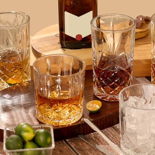 Moretoes Crystal Whisky Drinking Glasses Set of 12, Glass Cups, Mixed Glassware Set, 12 Oz Highball Glasses & 11 Oz Old Fashioned Glasses, Great for Cocktail and Other Beverages