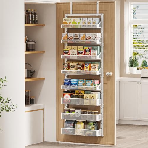 POKIPO Over the Door Pantry Organizer 8-Tier, Large Metal Door Spice Rack with Adjustable Basket, 2 in 1 Wall Mount or Hanging Heavy-Duty Pantry Door Storage Shelf for Kitchen and Bathroom, White