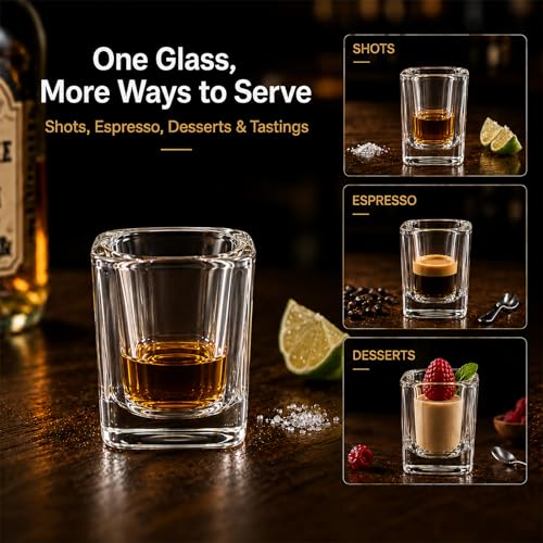 Ruckae 12 Pack 2 OZ Shot Glasses Set Clear Shot Glasses Bulk with Heavy Base Bar Square Glass Shot Cups for Vodka Tequila Whiskey Liquor