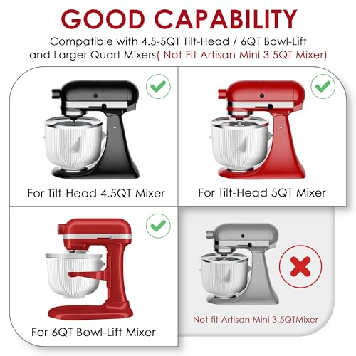 Ice Cream Maker Attachment for KitchenAid Mixers, Fits KitchenAid 4.5/5QT & 6QT Stand Mixers, Frozen Ice Cream & Sorbet Gelato Maker for KitchenAid, 2 Quart, White(Machine/Mixer Not Included)