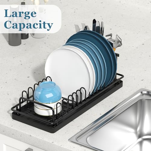 XYZLVSI Compact Small Dish Rack Sink Drying Rack with Silicone Mat, Stainless Steel Dish Drainer for Kitchen Cabinet, Kitchen Sink Rack,Dish Holder, Black
