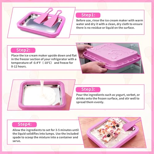 KeyDoors Rolled Ice Cream Maker with 2 Scrapers, Food Grade Stainless Steel Tray for Frozen Yogurt & Slushie, Homemade DIY for Parent-Child Family Activities, Ideal Birthday Gift (Pink)