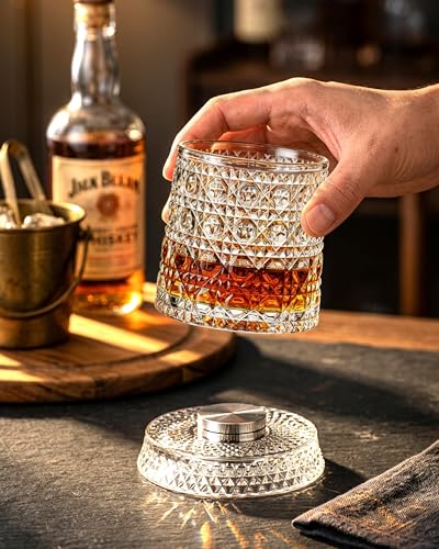 CEEFU Old Fashioned Whiskey Glasses with 360° Rotating Base, Set of 2 (2 Crystal Glasses Set, 2 Big Ice Ball Molds) In Gift Box - Bourbon, Cocktail, Rocks, Bday Gifts Ideas for Men, Gem Pattern