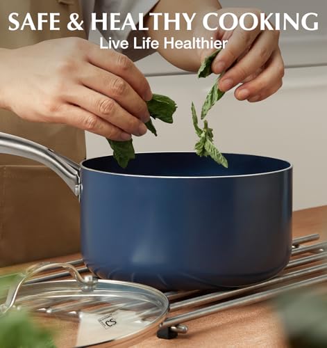 KOCH SYSTEME CS Nonstick Sauce Pan with Lid 1QT & 2QT & 3QT, 6pcs Nonstick Saucepan Set with Cool-Touch Handles, Pot Set with Ceramic Coating, Induction Compatible Sauce Pan, Oven Safe, Gradient Blue