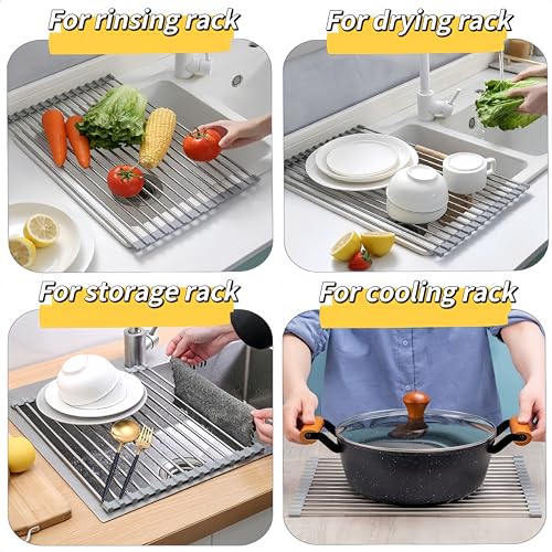 Sayehuanye Roll Up Dish Drying Rack 17.7" x 11.8" Over The Sink Dish Drying Rack, Kitchen Dish Rack Stainless Steel Dish Drying Rack for Kitchen Sink Counter Storage (Grey)