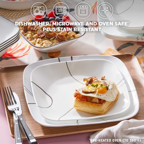Corelle 18-Piece Service for 6 Dinnerware Set Triple Layer Glass and Chip Resistant, Lightweight Square Plates and Bowls Set, Simple Lines