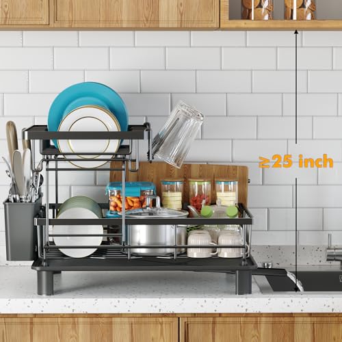 IMXSUMDA Dish Drying Rack, 2 Tier Dish Racks for Kitchen Counter, Compact Drying Rack Kitchen, Rust-Resistant Dish Drainer, Detachable Space-Saving Dish Rack with Drainboard, Utensil Holder, Black