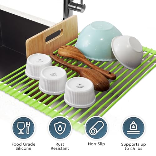 Zulay Kitchen Large Roll Up Dish Drying Rack - Heavy Duty Silicone Wrapped Steel Rods Over Sink Dish Drying Rack - Versatile Roll Up Sink Drying Rack & Trivet - Green,20.5 inches x 13 inches