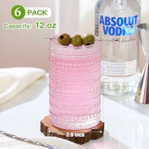 Mfacoy Colored Hobnail Drinking Glasses Set of 6, 12oz Vintage Kitchen Glassware, Embossed Beaded Glass Cups, Water Glasses, Beaded Colorful Water Tumbler for Cocktail, Juice and Various Mixed Drinks