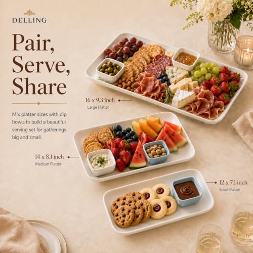 DELLING Large Serving Platter Set of 3, 16/14/12 Inch Porcelain Serving Trays for Party - White Ceramic Rectangular Platters for Entertaining, Appetizer Fruit Tray for Father's Day Shower Dinner