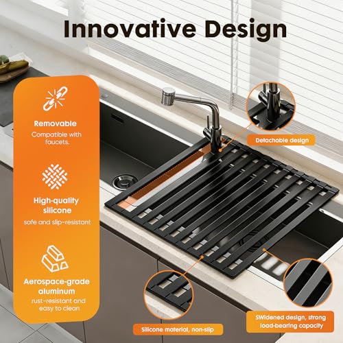 Volminex Foldable Over Sink Dish Drying Rack, Extra Wide & Thick Rust-Proof Aluminum Sink Cover for Counter Space, Collapsible Dish Drying Rack Fits Most Kitchen Sinks (Black, 17.7“x13.6)