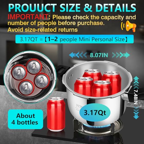 Premium Stainless Steel Small Pressure Cooker 3 quart | 8 Safety Features & Quick Cooking | stovetop pressure cookers;instant pot pressure cooker;olla de presion pressure cooker 3+qt mini