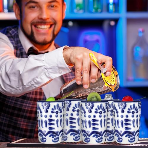 Roshtia 6 Pcs Mexican Tequila Shot Glasses Set 2 oz Talavera Shot Glasses Handmade Ceramic Cups with White Decoration Mexican Pottery Gift Mugs for Tequila Lover Bachelorette Party(Blue)