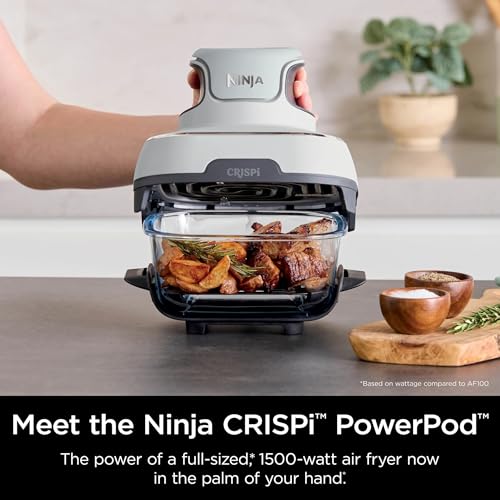 Ninja FN100WH Crispi Air Fryer, Microwave, Freezer & Dishwasher Safe, Non Toxic Glass Portable Cooking System, 4 QT & 5 Cup Glass Containers with Storage Lids, Easy Meals, White (Renewed)