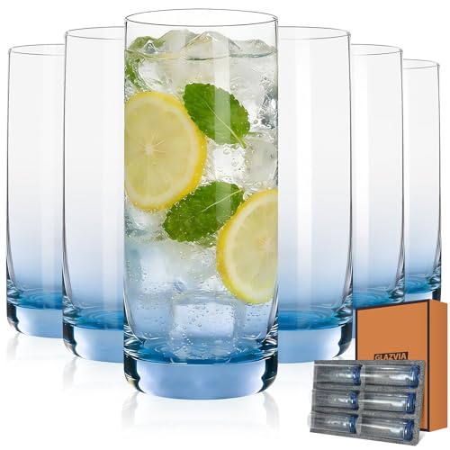 GLAZVIA Blue Highball Glasses Set of 6,13oz Drinking Glass Cups for Mixed Drink Cocktail, Beer, Mojito, Water and Juice,Thick Tall Crystal Glassware for Kitchen, Restaurant, Home Bar and Parties