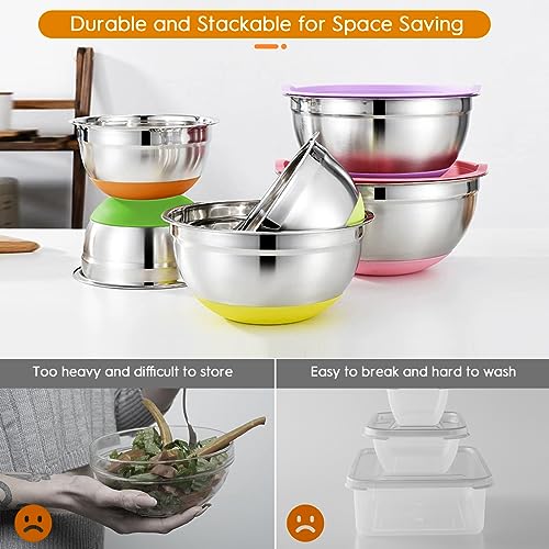 CHAREADA Mixing Bowls with Airtight Lids, 18pcs Stainless Steel Nesting Mixing Bowls Set Non-slip Silicone Bottom, Size 4.5, 3.6, 2.7, 2.1, 1.7, 1.1, 0.7 qt, Fit for Mixing & Serving(Colorful)