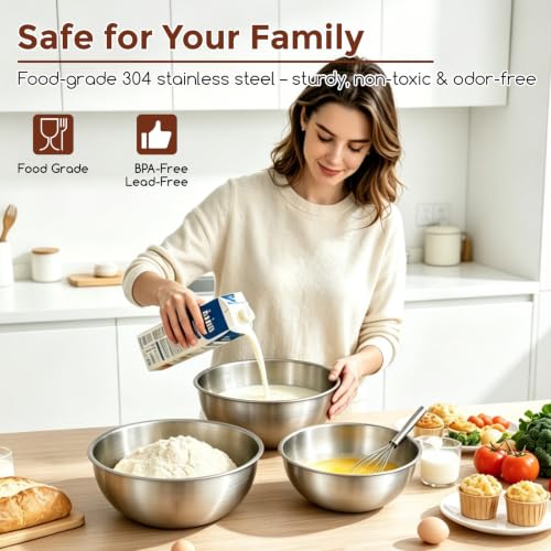 Gronivex 304 Stainless Steel Mixing Bowls, 3-Piece (1.5, 2.2 & 3.4 Qt)